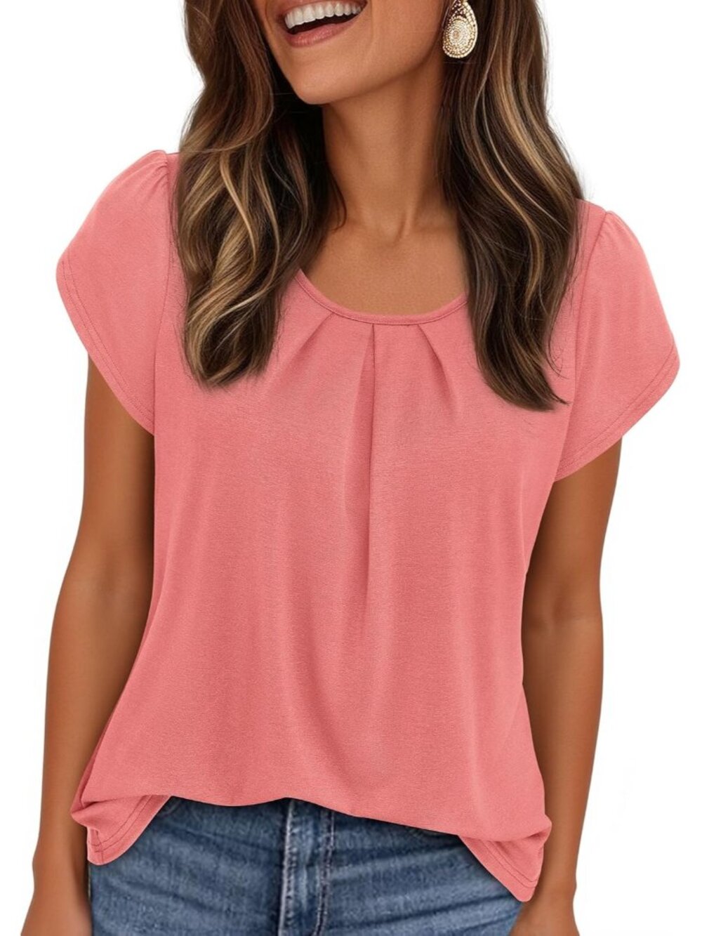 Women's Coral Pink Short Sleeve Pull On Crew Neck Casual Tops Imported T Shirts